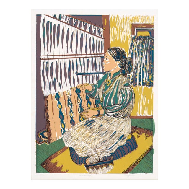Native American Figurative Woodblock -- "Weaving" #5/12 by Virginia J Hughins For Sale