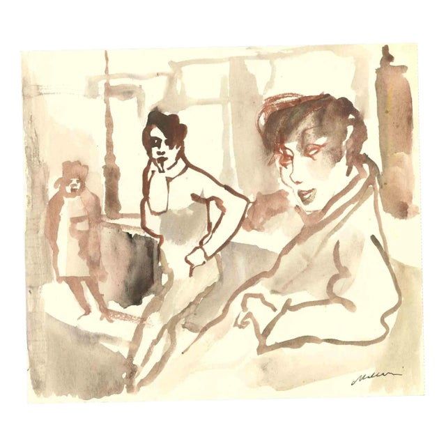 Mino Maccari, The Company, Watercolor, Mid-20th Century For Sale