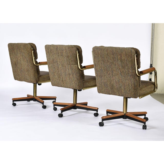 Postmodern Set of 3 Stoneville Brown Gold and Oak Swivel Armchairs on Casters For Sale - Image 3 of 17