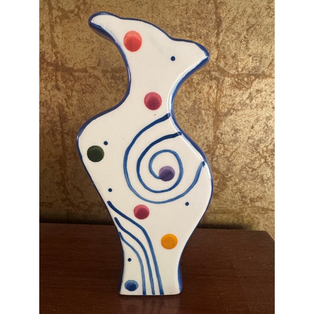 1990s Ceramic Art Vase With Swirl and Dot Pattern and Blue Sides For Sale - Image 4 of 10