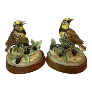 Pair of Vintage Andrea Sade’k Porcelain Meadowlark Birds on Mahogany Stands
