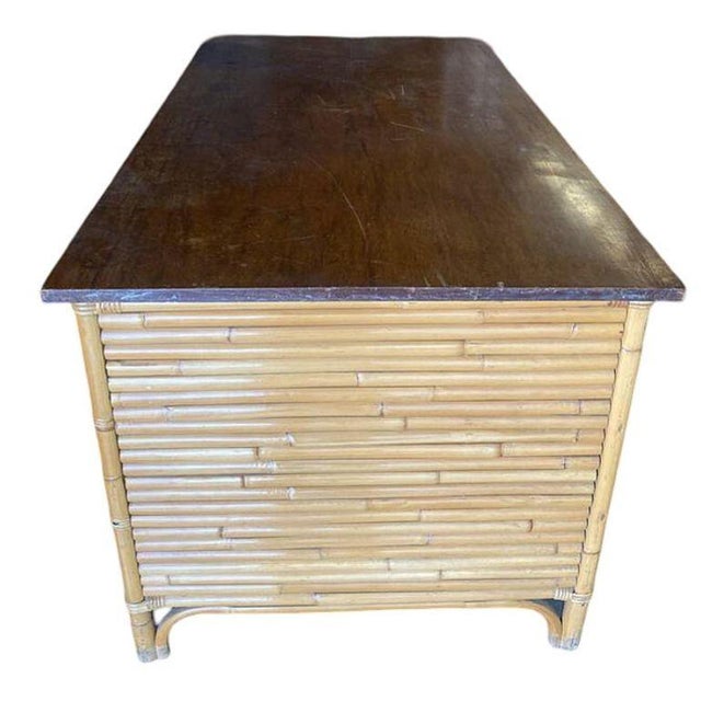 Yellow 1940s Restored Mid-Century Stacked Rattan Executive Desk W/ Solid Mahogany Top For Sale - Image 8 of 8