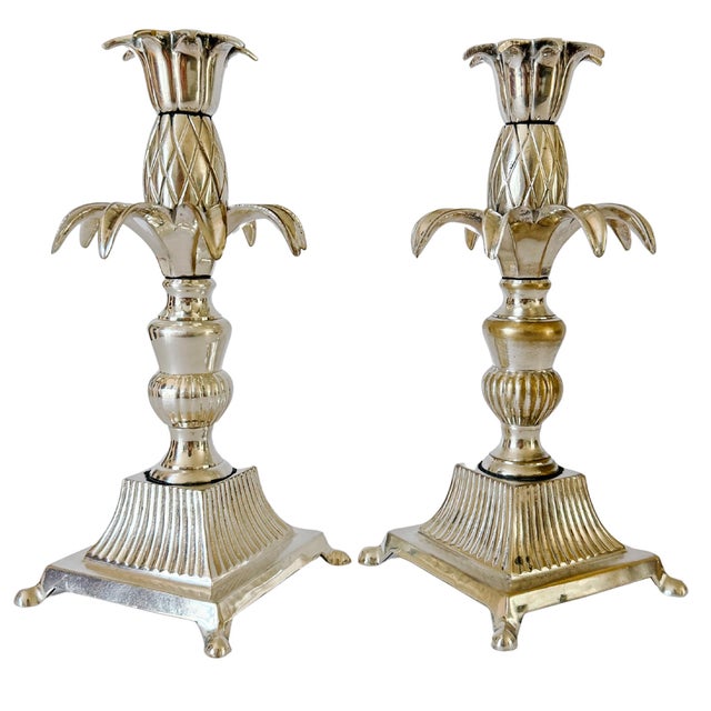 Vintage Hollywood Regency Silver Plated Brass Pineapple Candlesticks - A Pair For Sale - Image 9 of 10