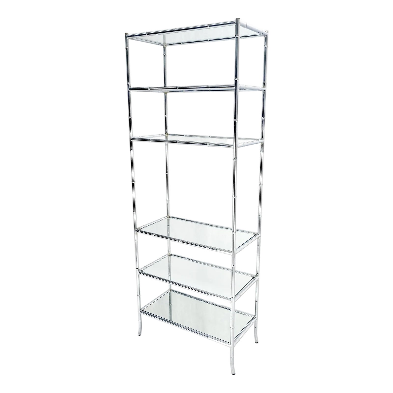 Italian c1970s Faux Bamboo 6 Glass Shelves Chrome Etagere Bookcase