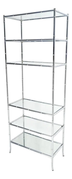Italian c1970s Faux Bamboo 6 Glass Shelves Chrome Etagere Bookcase