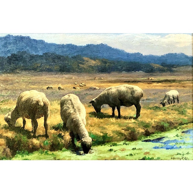 On offer is an original oil painting titled "Borregos Pastando" or Grazing Sheep, by the listed Mexican artist Austreberto...