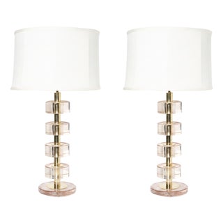 Italian Brass and Pink Murano Glass Lamps - a Pair For Sale