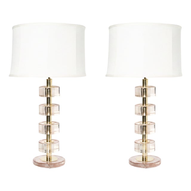 Italian Brass and Pink Murano Glass Lamps - a Pair For Sale