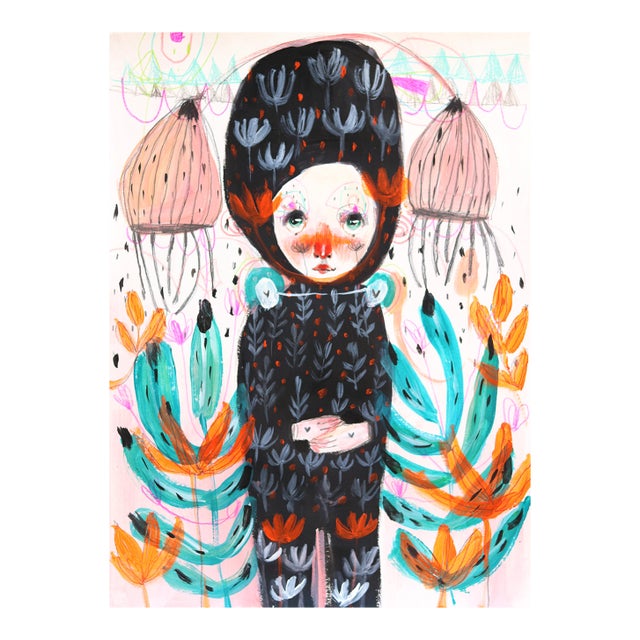 Little Spark- Vibrant Fantasy Feminine Botanical Figurative Art on Paper Original Artwork by Silvia Pavarini For Sale