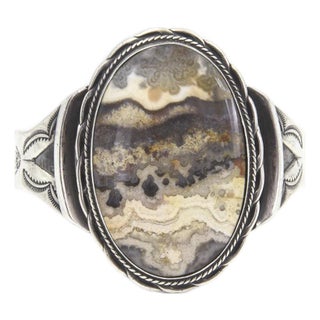 Mid 20th Century Vintage Large Southwestern Native American Crazy Lace Agate Sterling Cuff Bracelet For Sale