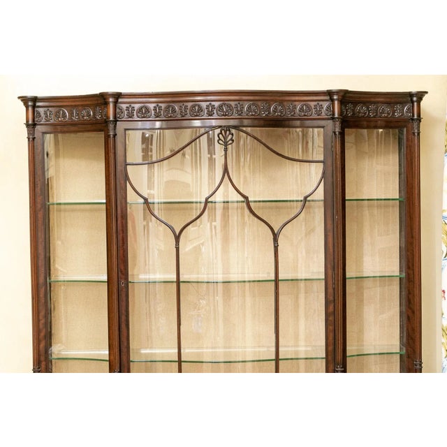 19th Century English Adams Style Vitrine Cabinet With Custom Linen Interior A rare, two-part antique English Adams style...