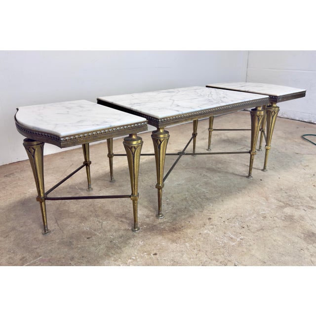 Mid 20th Century French Neoclassical Regency Style Tripartite X-Base Brass & Carrara Marble Tables For Sale - Image 9 of 12