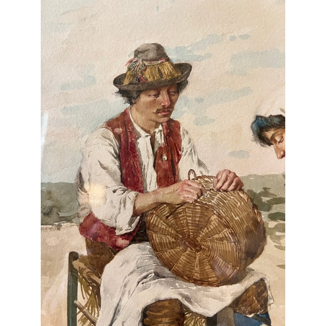 Late 19th Century Antique European Pastoral Watercolor Signed by Italian Artist F. Ballesio | Basket Weavers Scene | Large Decorative Original Frame For Sale - Image 5 of 8