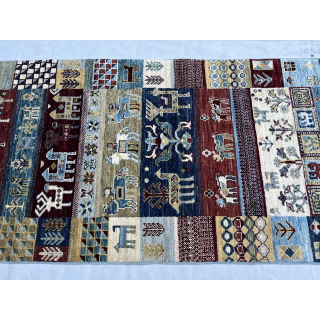 Textile Hand-Knotted Kashkuli Gabbeh Patchwork Runner in Soft Blue, 2'9" X 9'3" For Sale - Image 7 of 12