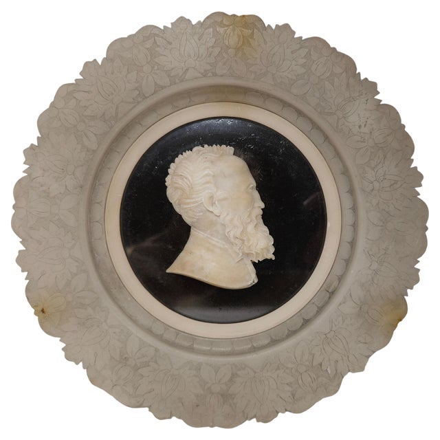 Antique Grand Tour Carved Alabaster Portrait Relief of Michelangelo, 1890 For Sale