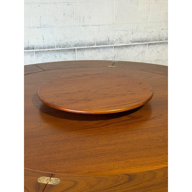 Dyrlund Lotus Round Teak Dining Table With Flip-Out Extension Leaves – Vintage Danish Mid-Century Modern For Sale - Image 9 of 12