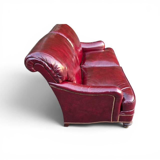 Hickory Chair Furniture Company Vintage Hickory Chair English Style Oxblood Leather Loveseat With Brass Nailhead Trim For Sale - Image 4 of 14