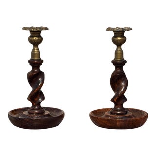 Pair of Oak Barley Twist Candlesticks With Brass Sconces For Sale