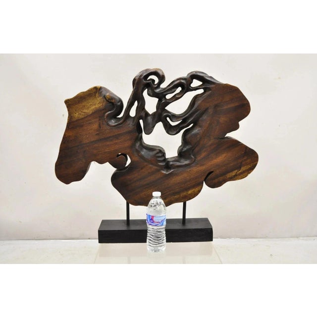 Modern Organic Abstract Carved Teak Wood Large Modernist Table Art Sculpture. Circa Late 20th Century. Measurements: 24" H...