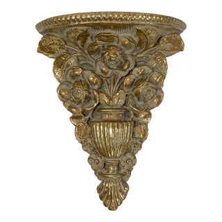 Vintage Floral Motif Gilt Wood Wall Bracket Shelf For Sale
