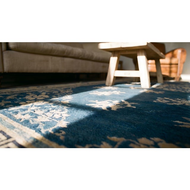 Outstanding Navy Color & Blue Rosette Beige Border With Geometric Design Antique Chinese Peking Rug For Sale - Image 10 of 11