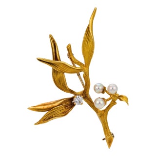 Vintage Italian Diamond Pearl 18k Yellow Gold Floral Brooch For Sale