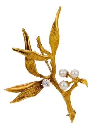 Vintage Italian Diamond Pearl 18k Yellow Gold Floral Brooch