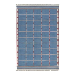 Rug & Kilim’s Indian Dhurrie Rug in Blue, Red and Ivory Geometric Stripes For Sale