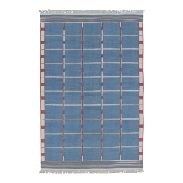 Rug & Kilim’s Indian Dhurrie Rug in Blue, Red and Ivory Geometric Stripes For Sale