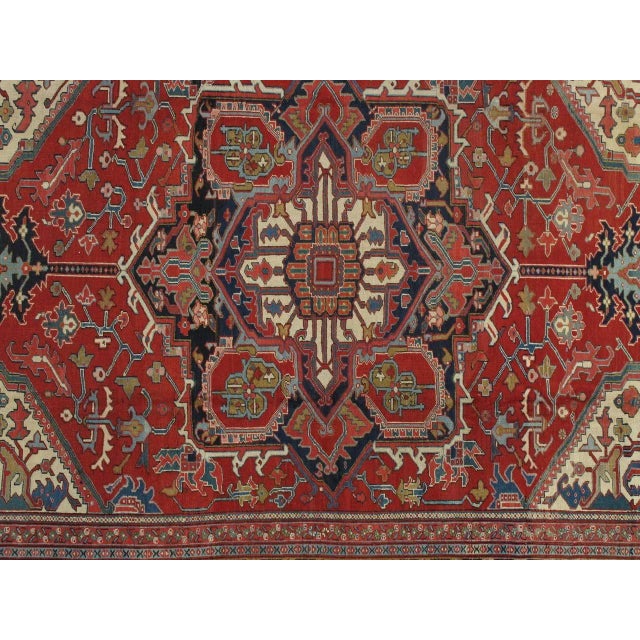 Early 20th Century Antique Persian Heriz Handmade Wool Oriental Red, Navy & Light Blue Rug For Sale - Image 5 of 7