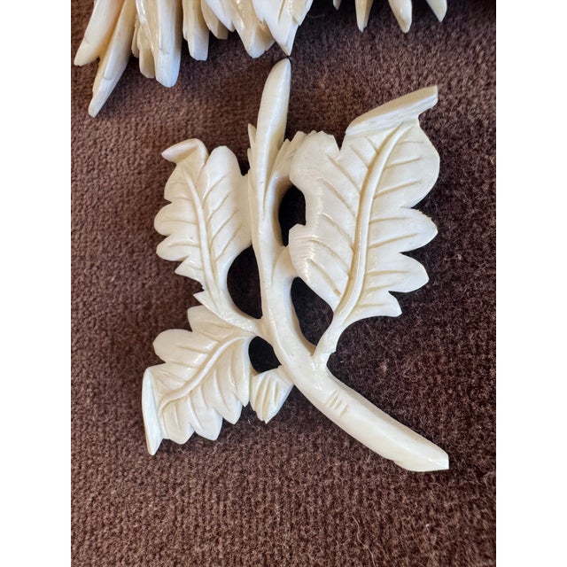 Ivory Mid 20th Century Framed Hand Carved Bone Wall Art Pair Pagoda & Flower For Sale - Image 8 of 11