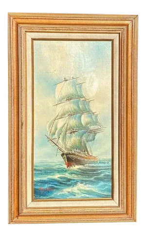 Tall Original Sailing Ship at Sea Painting by Haydan Signed in Gilt Wood Framed