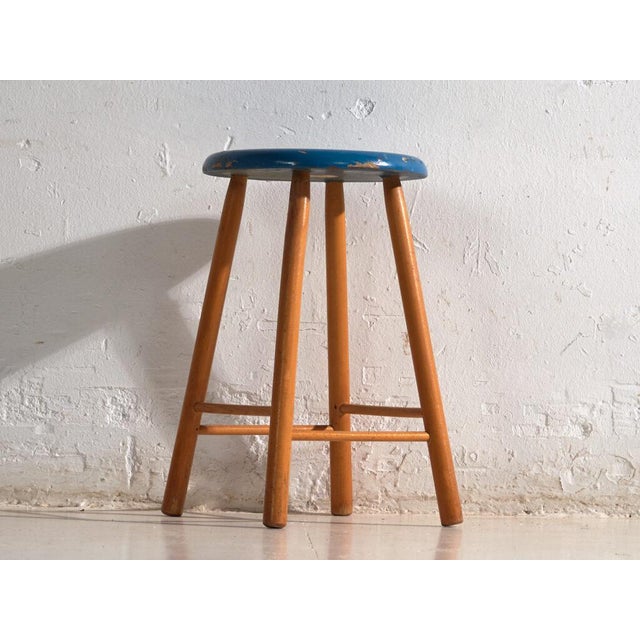 Vintage Wooden Stool with Round Seat, Central Europe, 1950 For Sale - Image 5 of 9