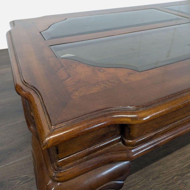 Carved Cherrywood Coffee Table With Beveled Glass Inserts For Sale In San Francisco - Image 6 of 8