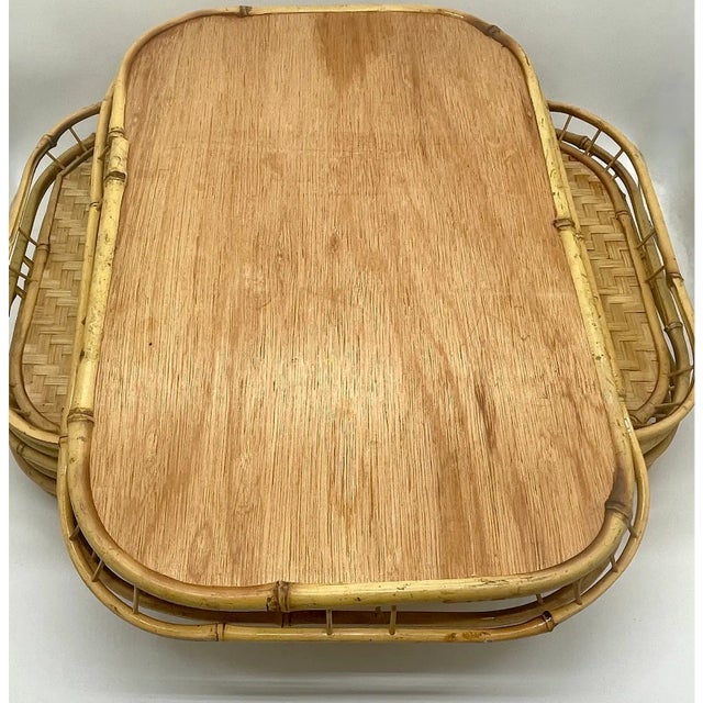 Vintage Boho Woven Rattan & Bamboo Stacked Serving Trays Set of 8