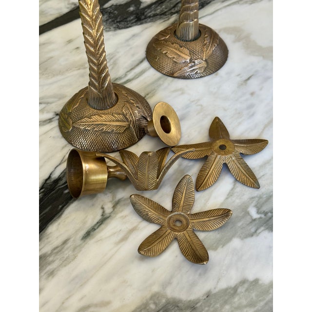 Made in India British Colonial Solid Brass Palm Tree Candle Holders - A Pair For Sale In Seattle - Image 6 of 9