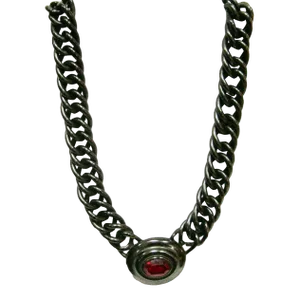 1970s Givenchy Hematite Thick Chain Ruby Cut Glass Necklace