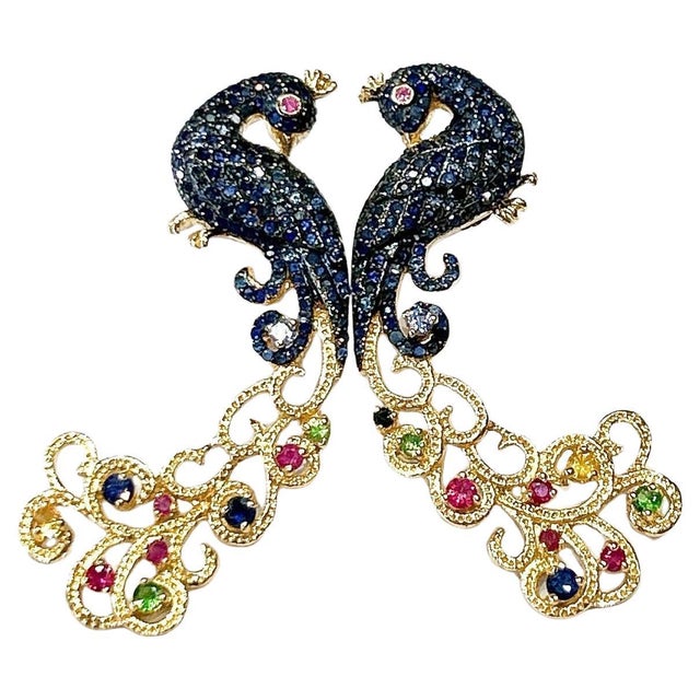 Bochic "Orient" Vintage Sapphire & Multi Gem Peacock Earrings 18K Gold & Silver For Sale - Image 15 of 18