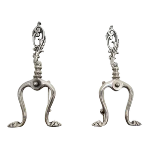 Pair of Brass Fireplace Andiron Set in Silver Antique Finish