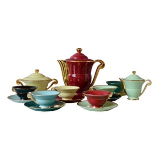 Art Deco Harlequin Coffee Service in Colored and Gilded Porcelain, 1940s, Set of 15 For Sale