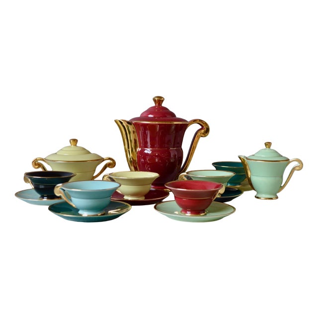 Art Deco Harlequin Coffee Service in Colored and Gilded Porcelain, 1940s, Set of 15 For Sale