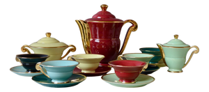 Art Deco Harlequin Coffee Service in Colored and Gilded Porcelain, 1940s, Set of 15
