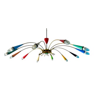 Large Italian 12 Arm Spider Chandelier in Brass attributed to Stilnovo, Milan, Italy, 1950s For Sale