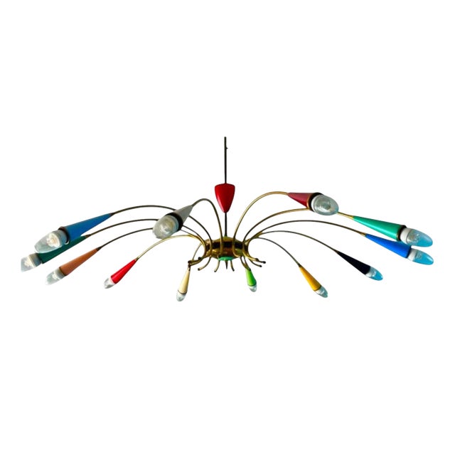 Large Italian 12 Arm Spider Chandelier in Brass attributed to Stilnovo, Milan, Italy, 1950s For Sale