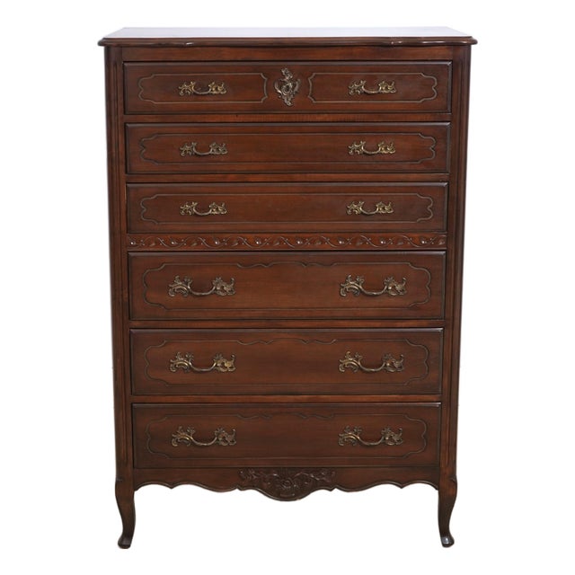 Vintage French Country Walnut Finish High Chest For Sale