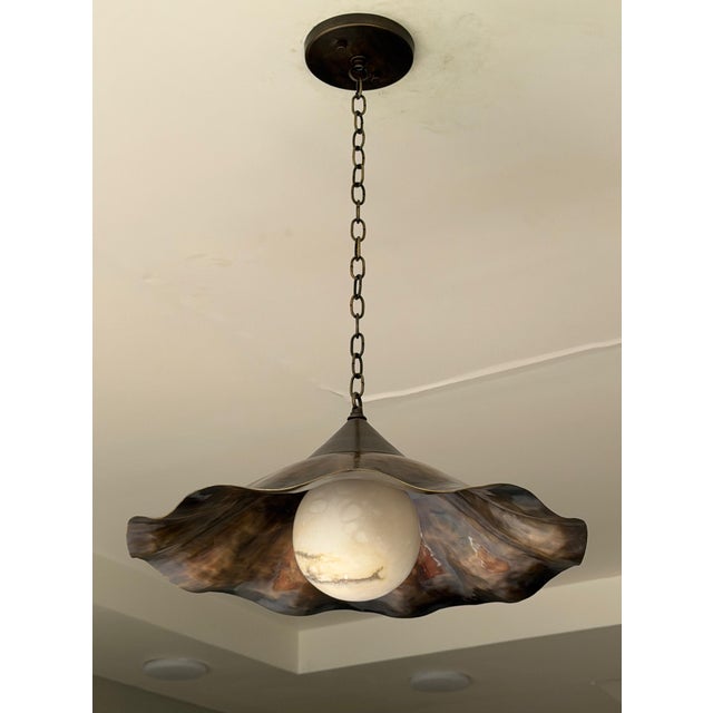 Mid-Century Modern Ruffle Brass Pendant Light, Wavy Kitchen Island Lamp With Alabaster Globe For Sale - Image 3 of 15
