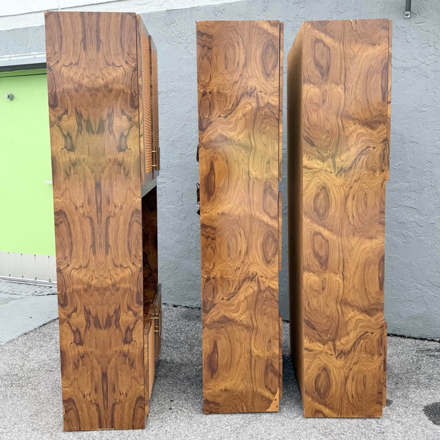 Mid-Century Modern Mid Century Modern Burlwood Laminate and Cane Etageres/Wall Unit - Three Pieces For Sale - Image 3 of 12