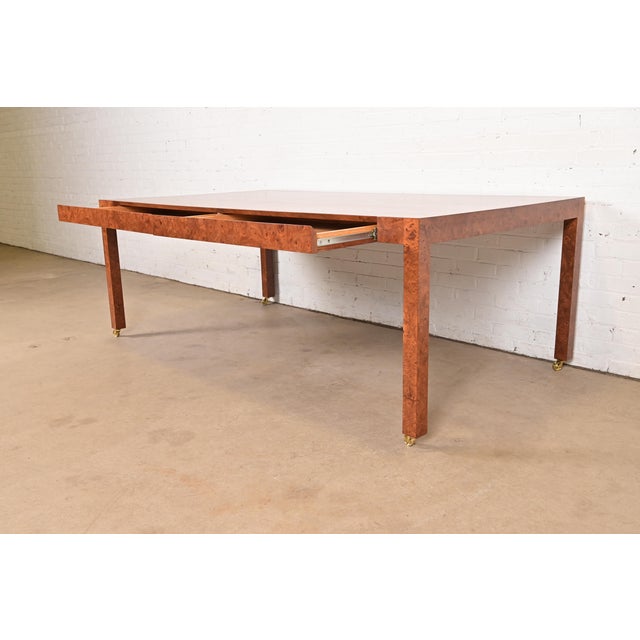 Milo Baughman Style Mid-Century Modern Burl Wood Parsons Dining Table or Executive Desk, Newly Refinished For Sale In South Bend - Image 6 of 13