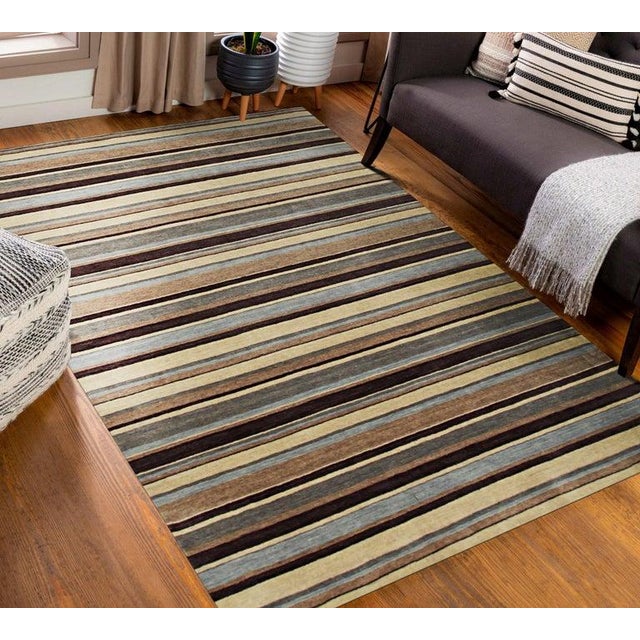 5x8 Multicolor Hand-Knotted Wool Earthy Banding Striped Modern Carpet Rug For Sale - Image 4 of 4