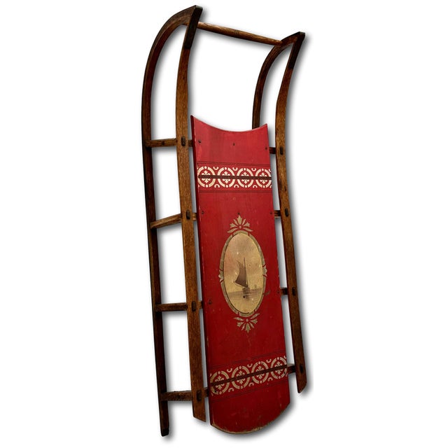 Outstanding Late 19th Century Antique American Hand Painted Steam Bent Oak Childs Snow Sled For Sale - Image 4 of 18